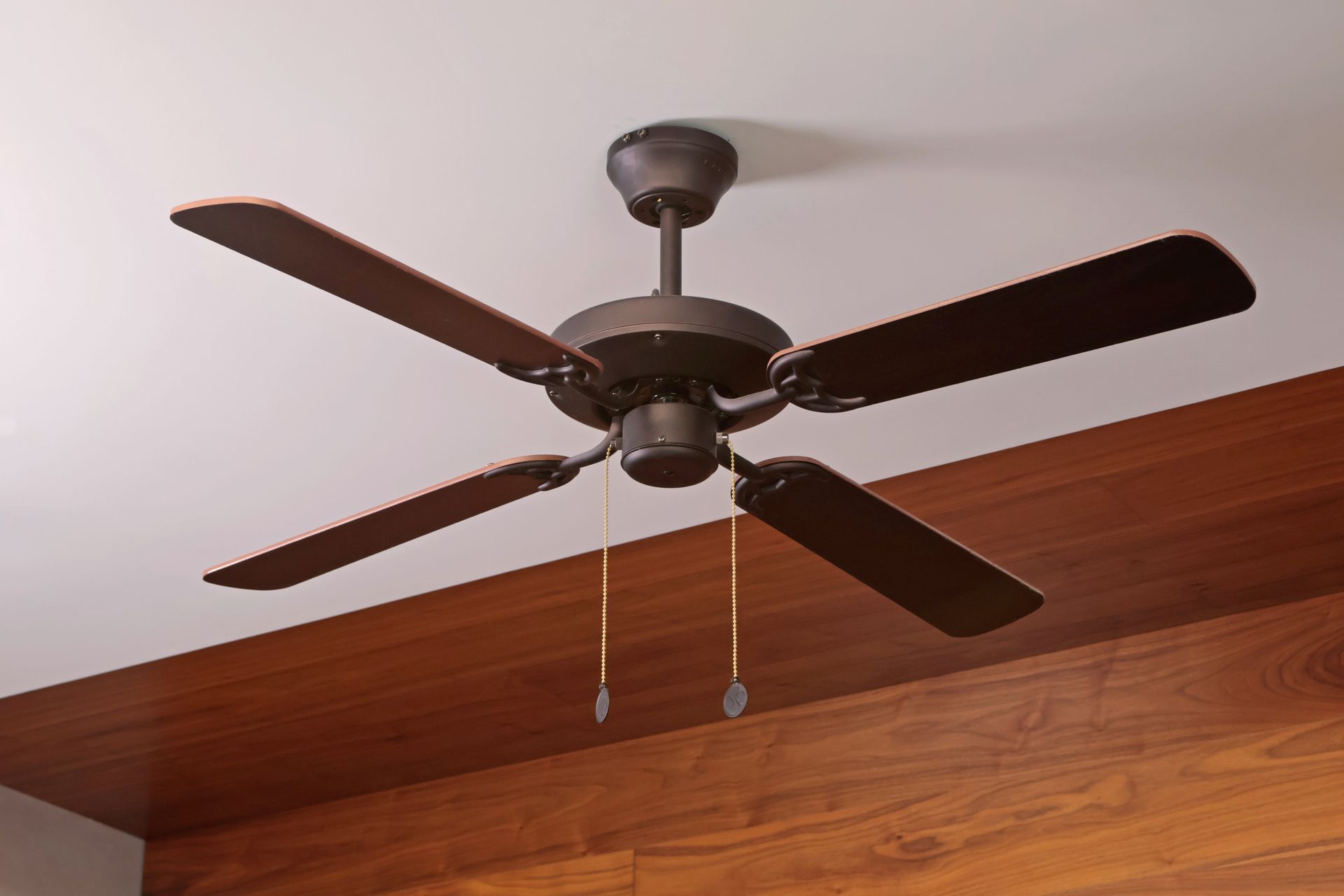 Dark ceiling fan with wooden blades and pull chains on a white ceiling above wood paneling