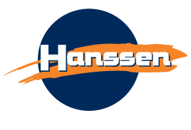 Hanssen logo: white text on a blue circle, with an orange brushstroke.