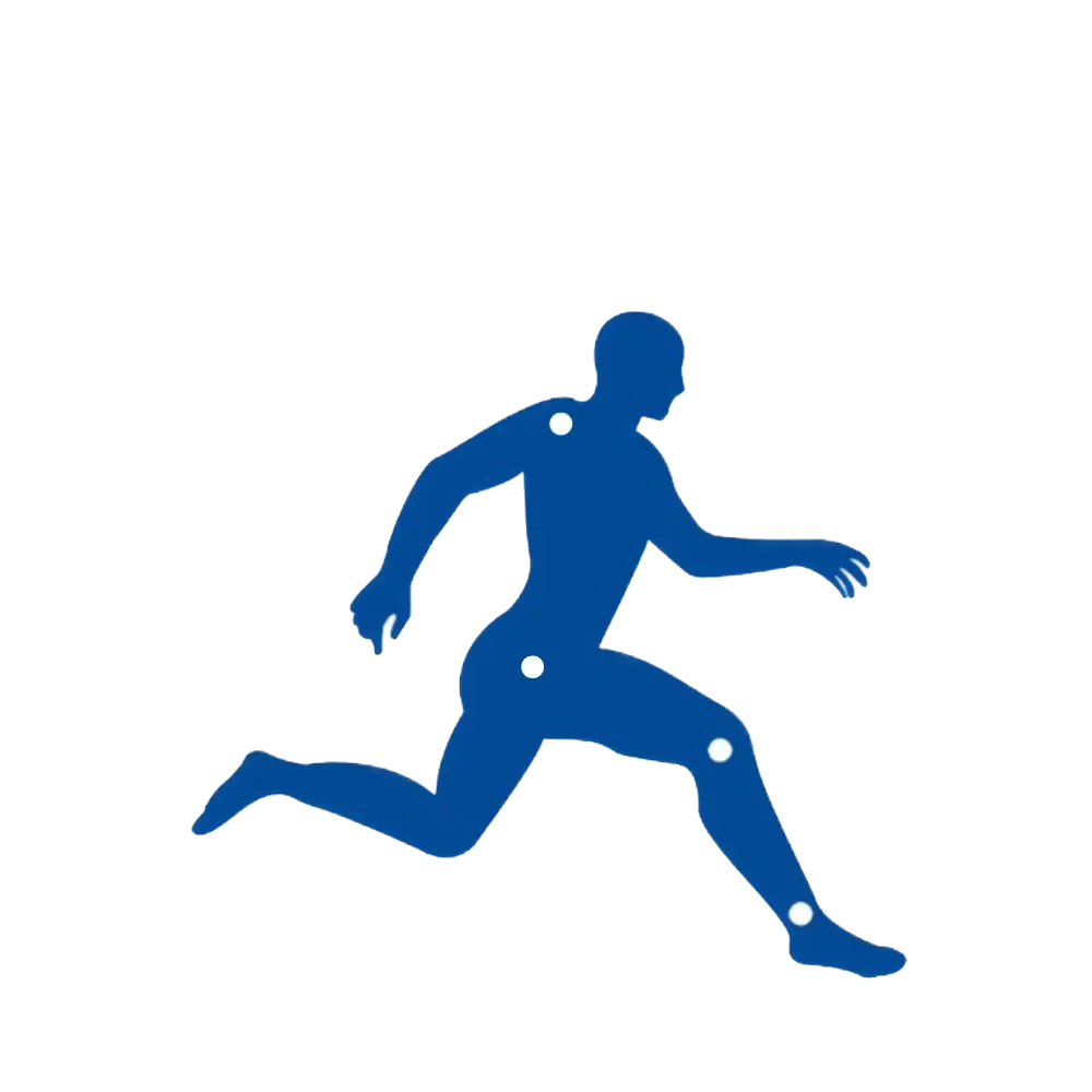 Une silhouette bleue d'un homme qui court avec des pointes sur les articulations.