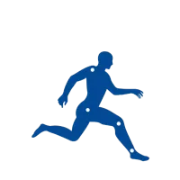 Une silhouette bleue d'un homme qui court avec des pointes sur les articulations.