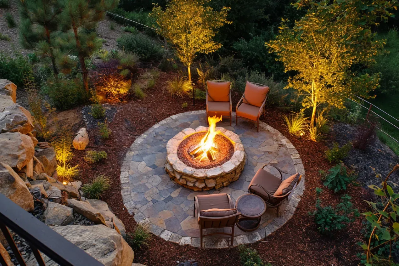 Lit fire pit with seating on a stone patio surrounded by landscaping, illuminated by warm lights.