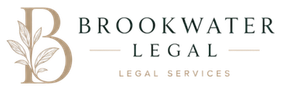 Brookwater Legal logo with gold floral monogram and black text on white background