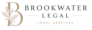 Brookwater Legal logo with gold floral monogram and black text on white background