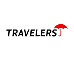 Travelers logo with black text and a red umbrella above the “J”