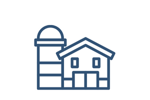 Blue line icon of a lighthouse beside a house on a white background