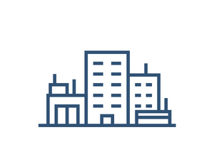 Blue outline of office buildings and city skyline icon