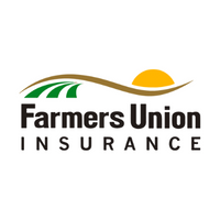 Farmers Union Insurance logo with green fields and a gold sun over bold black text