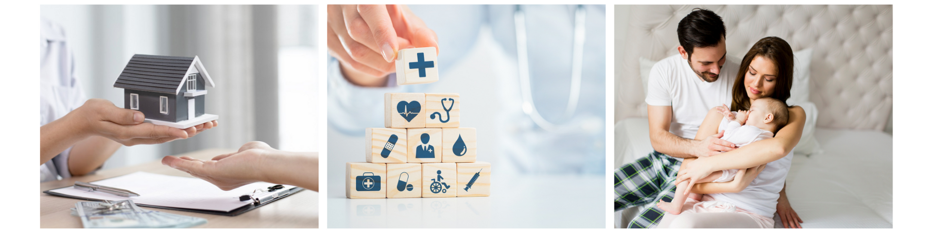 Property documents beside a house model, healthcare icons, and a smiling family with a newborn