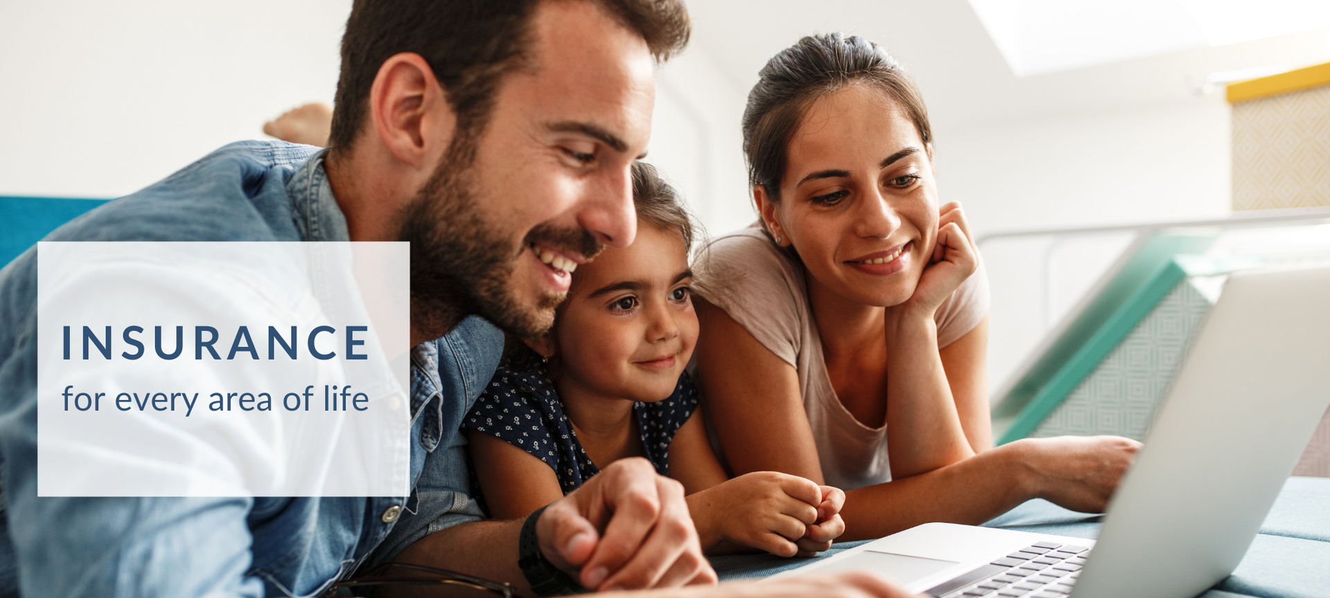 Family reviewing insurance documents on a laptop, with “INSURANCE for every stage of life” text overlay