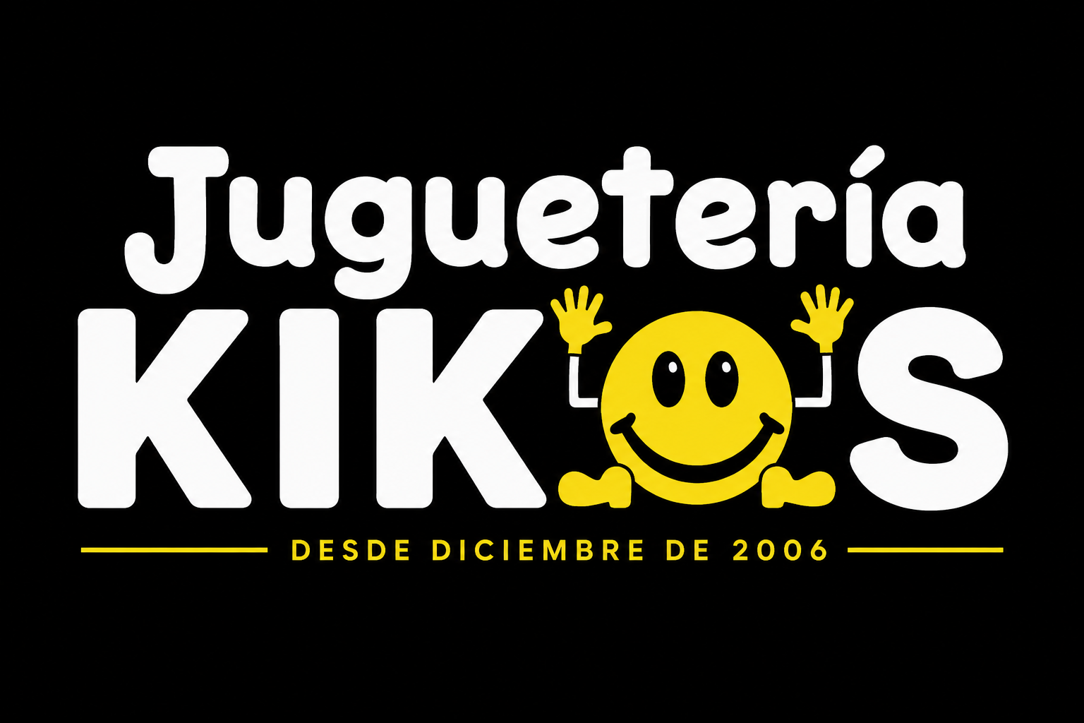 Logo de “Juguetería Kiko’s” en amarillo y azul con una carita sonriente roja.