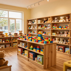 Sala de juegos luminosa con estantes de madera, juguetes de peluche, libros y bloques de construcción de colores sobre una mesa central.