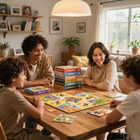 Amigos jugando a un colorido juego de mesa alrededor de una mesa en una acogedora sala de estar iluminada por el sol.