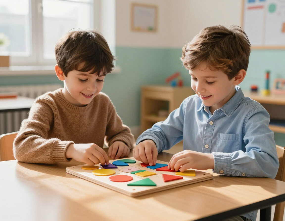 Dos niños jugando con un rompecabezas de formas coloridas en una mesa en un aula luminosa.