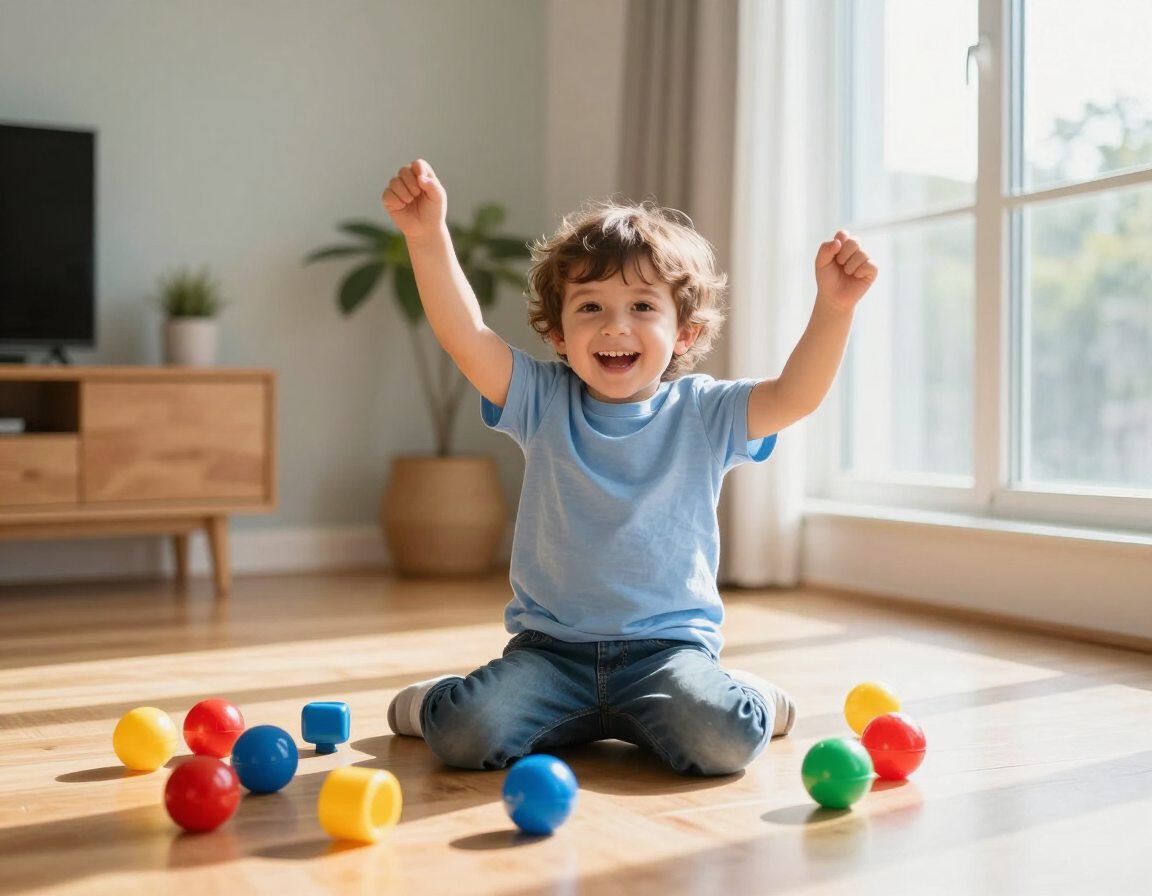 Un niño sonriente con los brazos en alto está sentado en un suelo de madera junto a coloridas pelotas en una habitación luminosa.