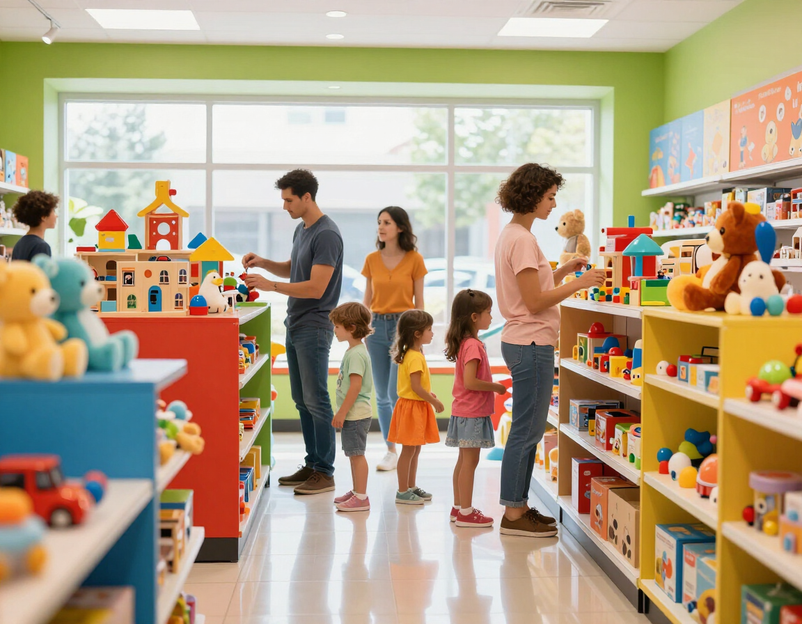 Compradores y niños miran juguetes en un pasillo luminoso de una juguetería.