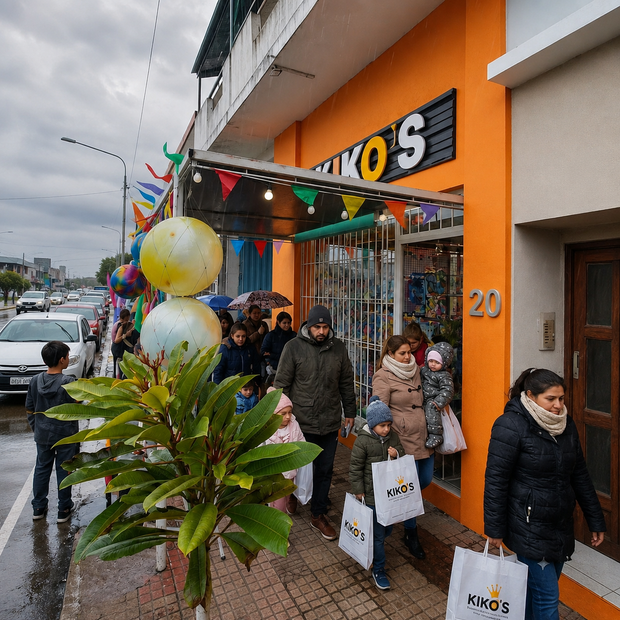 Fachada colorida de una juguetería con bicicletas, juguetes para montar, globos y un pequeño tobogán en el exterior.