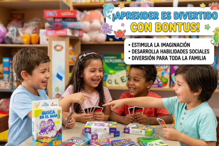 Niños jugando a un colorido juego de mesa en una juguetería, con texto en español sobre aprendizaje, imaginación y diversión.