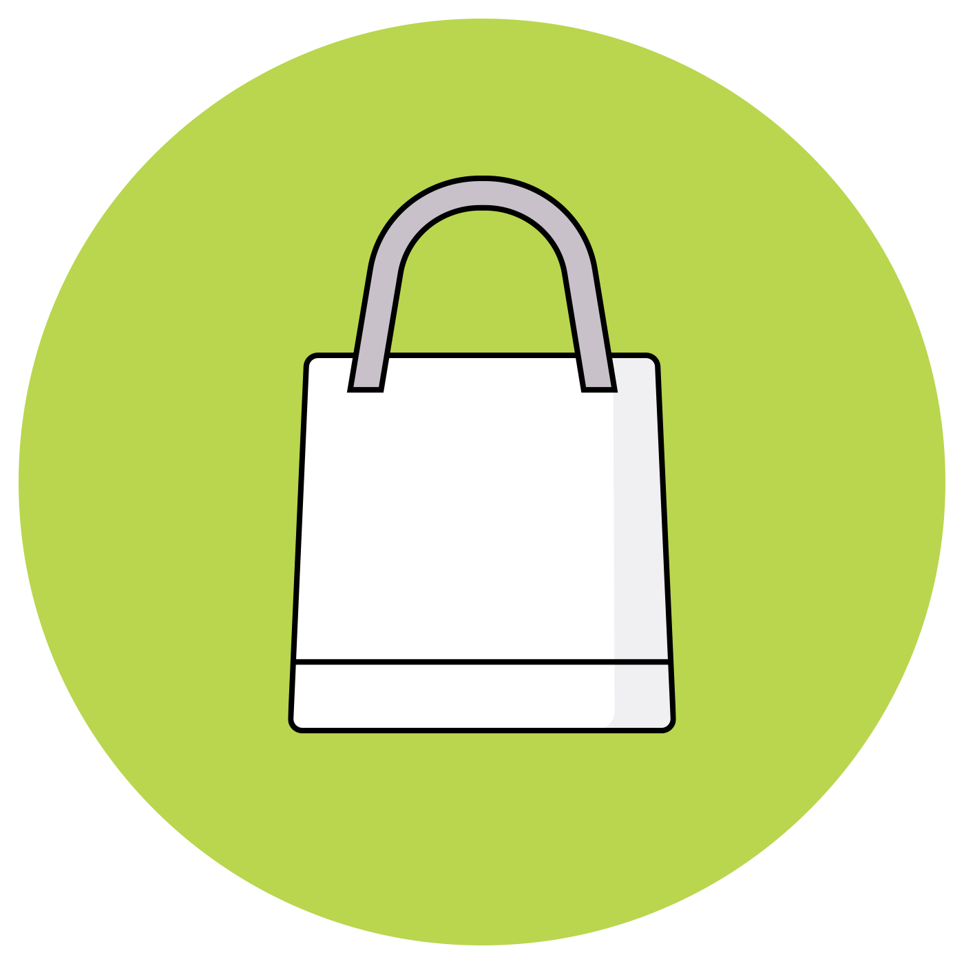 White tote bag with grey handles on green background.