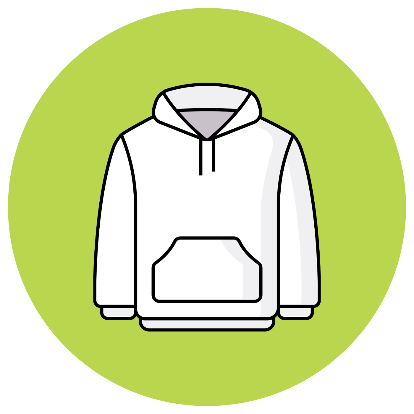 White hoodie with pocket, black outline, within a green circle.