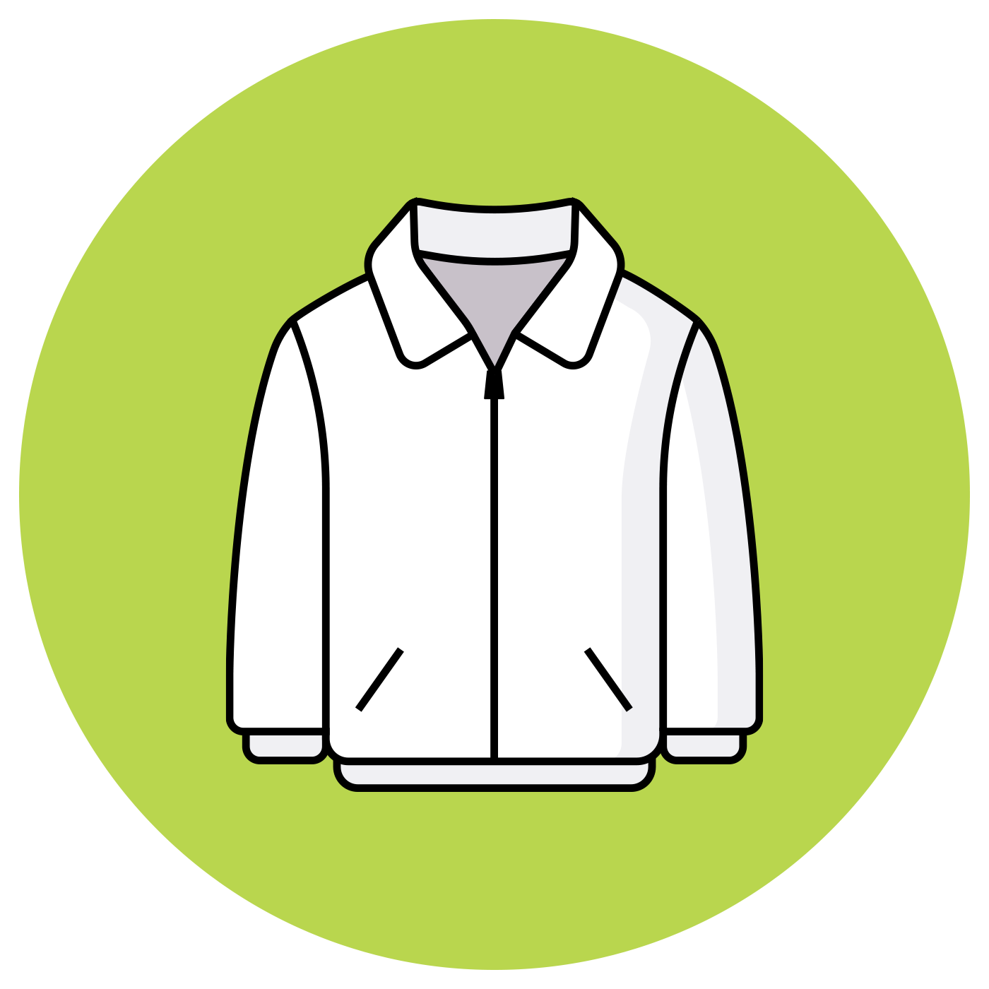 White jacket with a collar, zipped, on a green background.