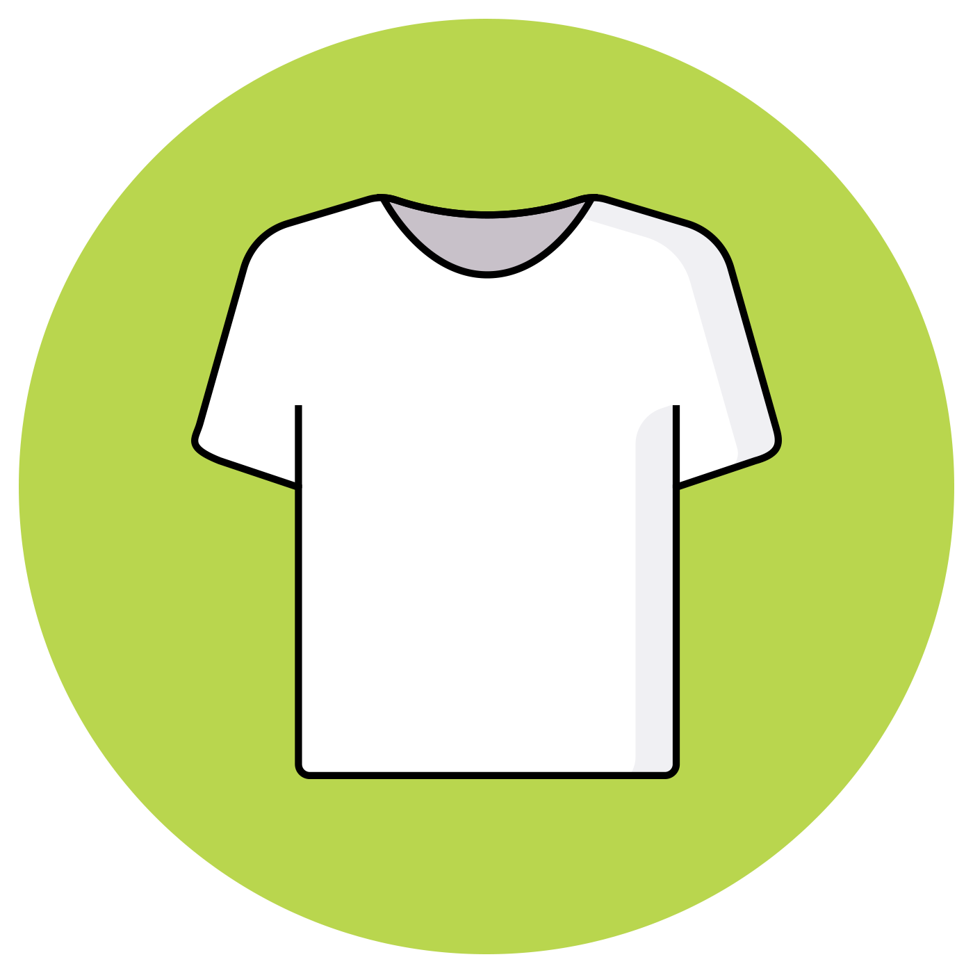 White t-shirt with gray collar inside a green circle.