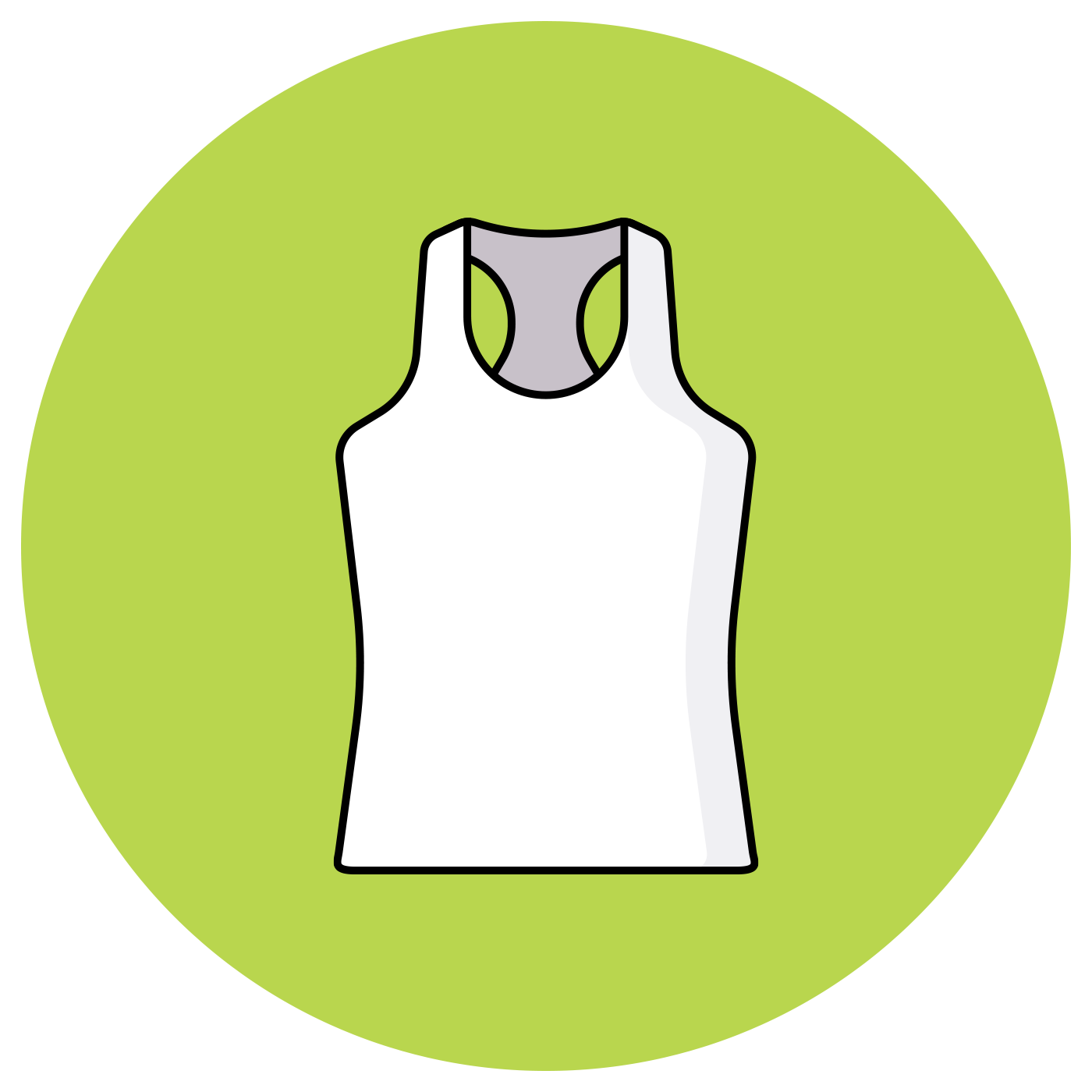 White tank top with gray racerback inside a green circle.