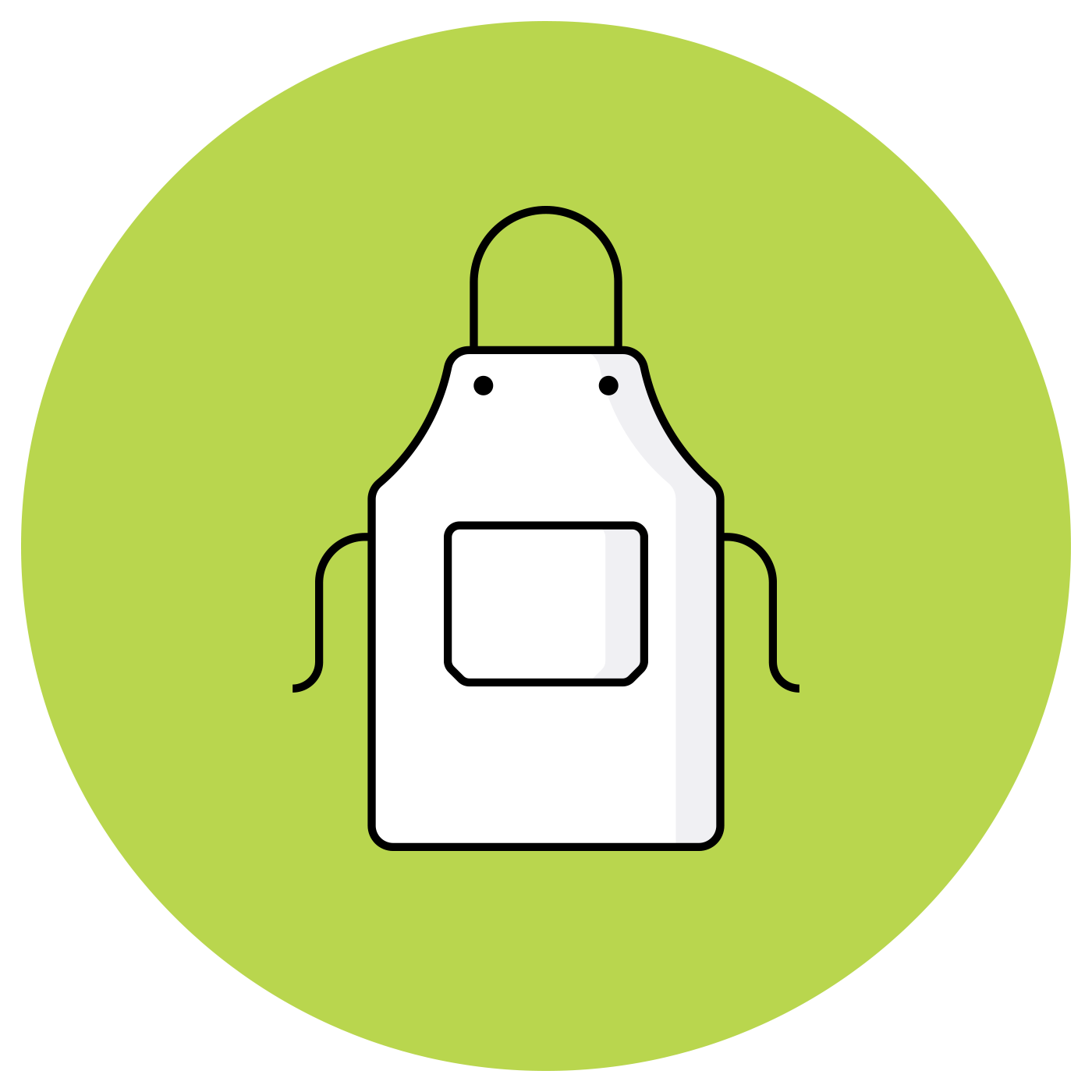 White apron with pocket, outline in black, on a light green circle.