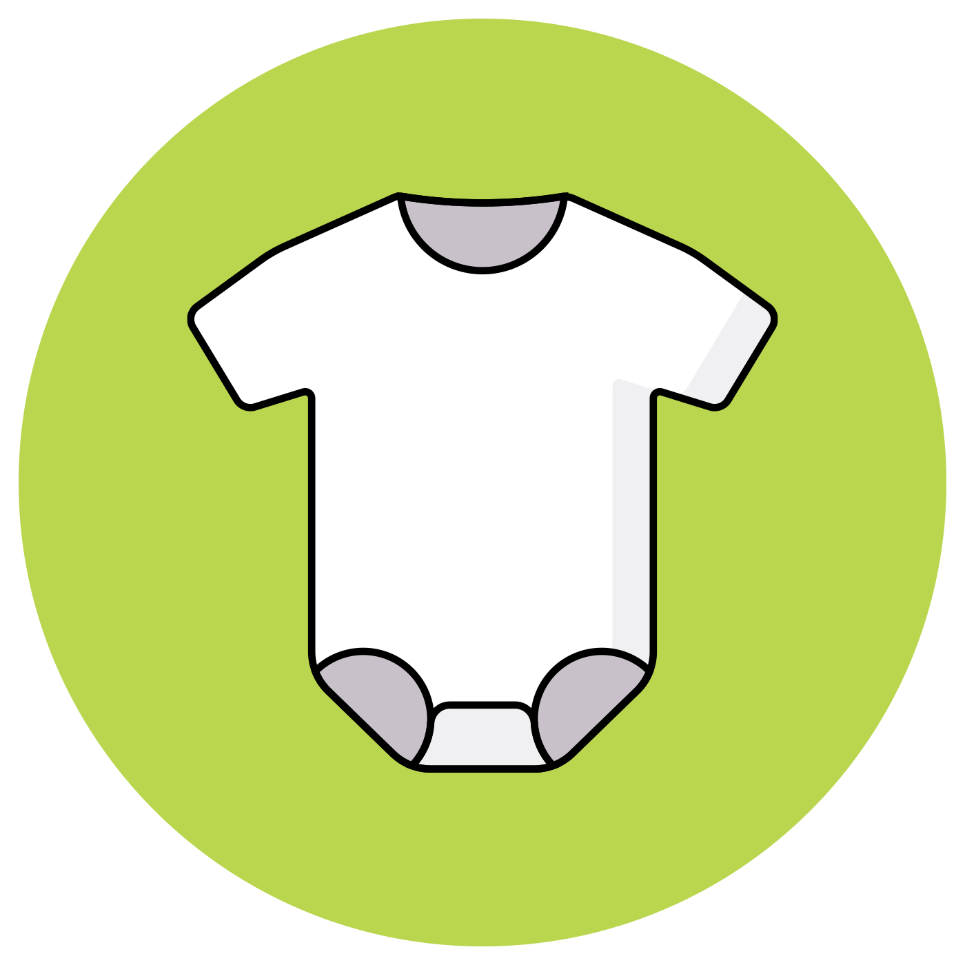 White baby onesie with gray trim inside a green circle.