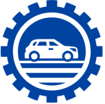 A blue gear with a car inside of it.