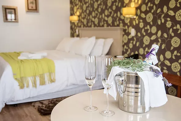 Um quarto de hotel com um balde de champanhe e duas taças sobre uma mesa.