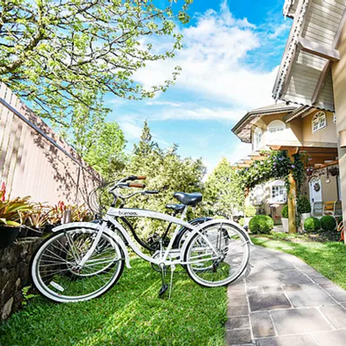 Uma bicicleta branca está estacionada na grama em frente a uma casa.