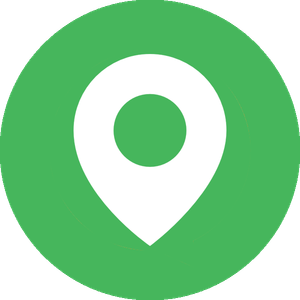 A white pin in a green circle on a white background.