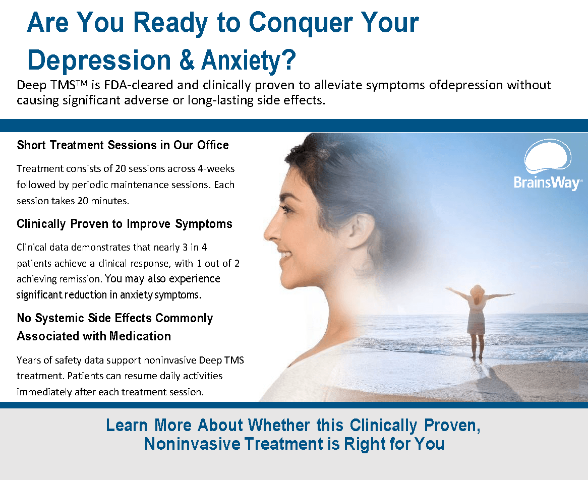 An advertisement for brainway that says are you ready to conquer your depression and anxiety