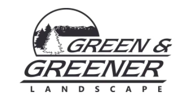Green & Greener Landscape logo with black text, pine trees, and a circular tree graphic