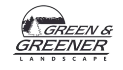 Green & Greener Landscape logo with black text, pine trees, and a circular tree graphic