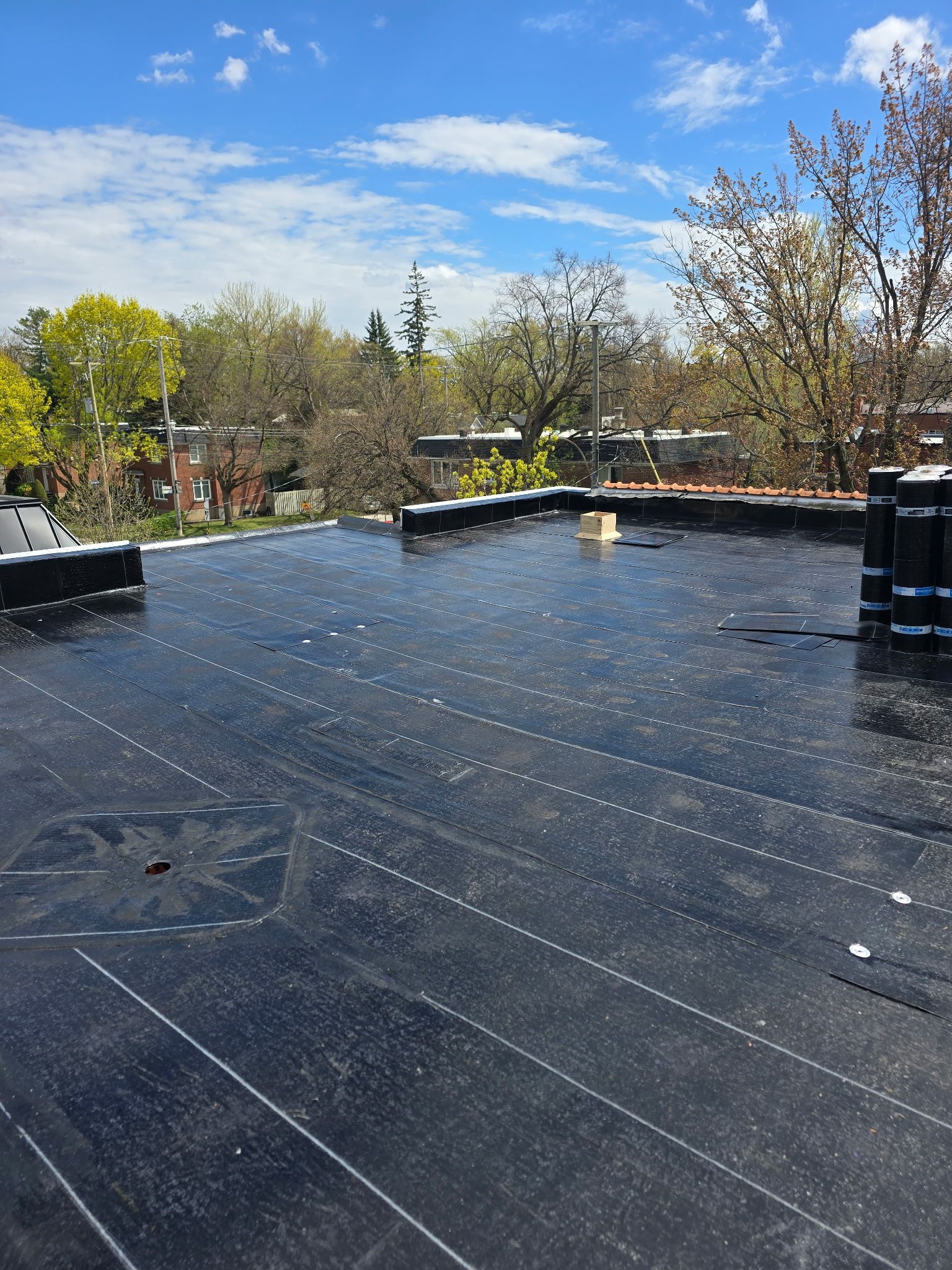 Terrasse sur le toit avec sol sombre, arbres et ciel bleu avec des nuages ​​en arrière-plan.