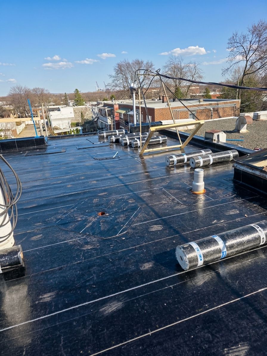 Toiture noire plate en construction avec des matériaux de couverture en rouleau et des aérations par une journée ensoleillée