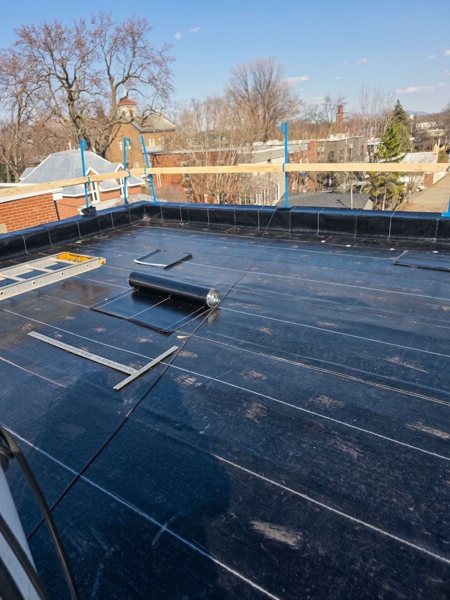Toit plat noir en construction avec rambardes de sécurité bleues, toits et arbres en arrière-plan