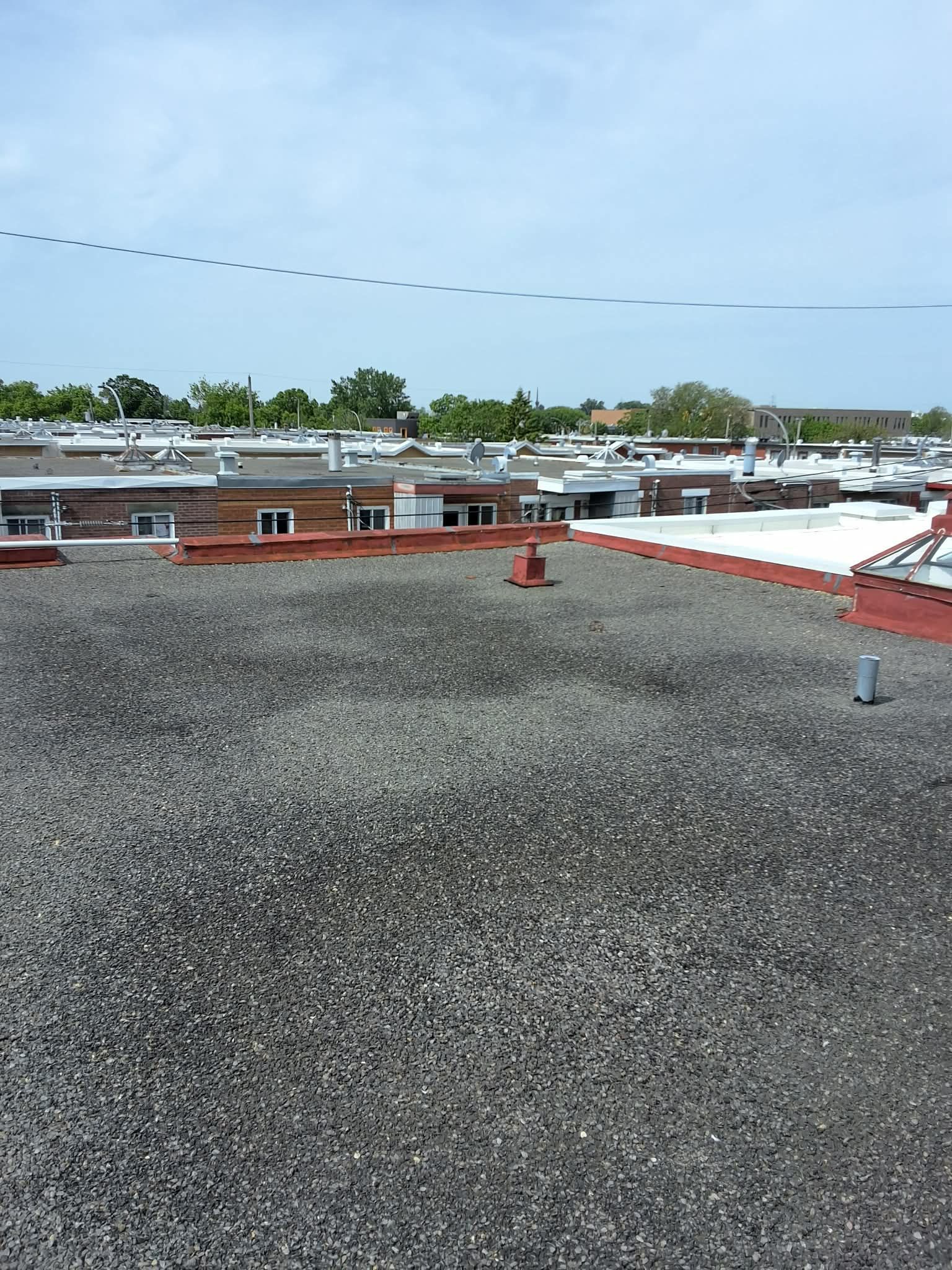 Toit-terrasse recouvert de gravier, bâtiments en briques rouges et arbres sous un ciel bleu limpide.