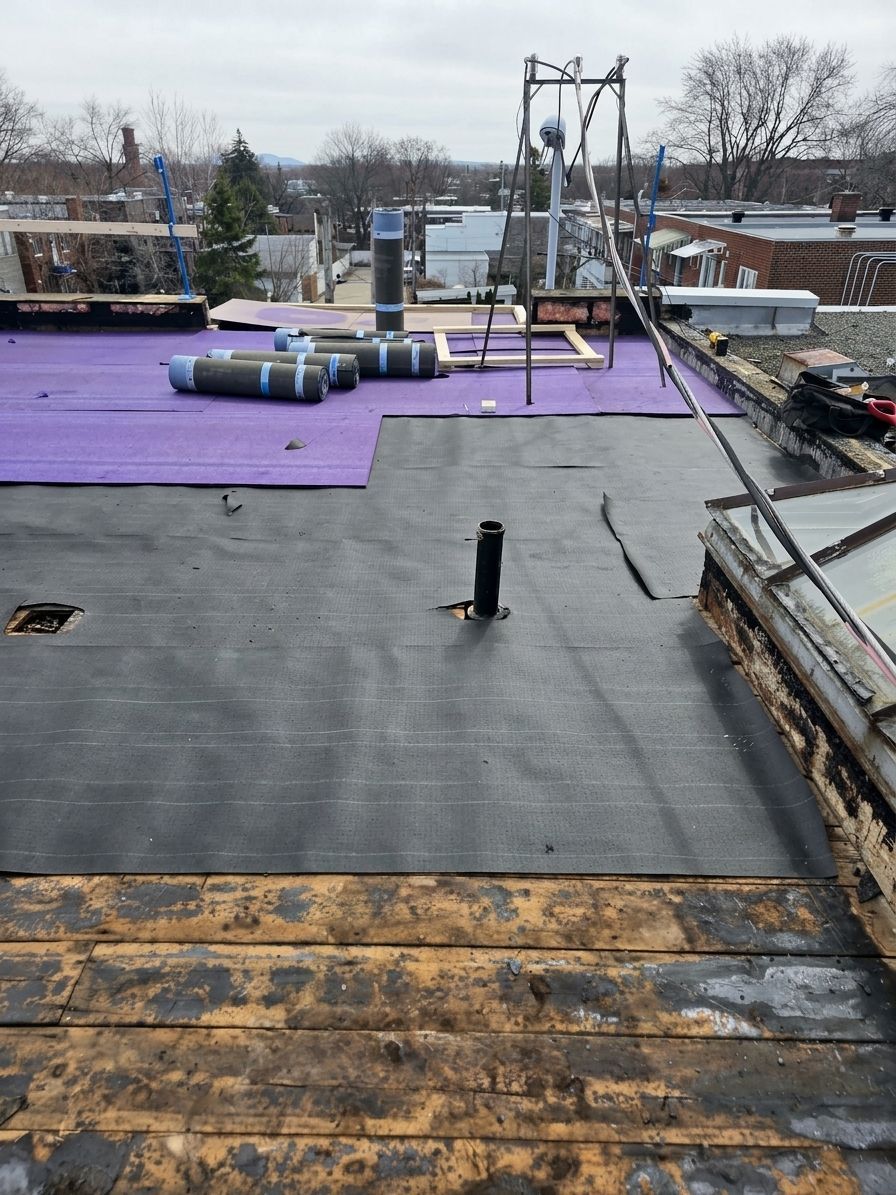 Chantier de construction sur un toit avec une toiture noire, une sous-couche violette et du matériel de chantier sous un ciel gris