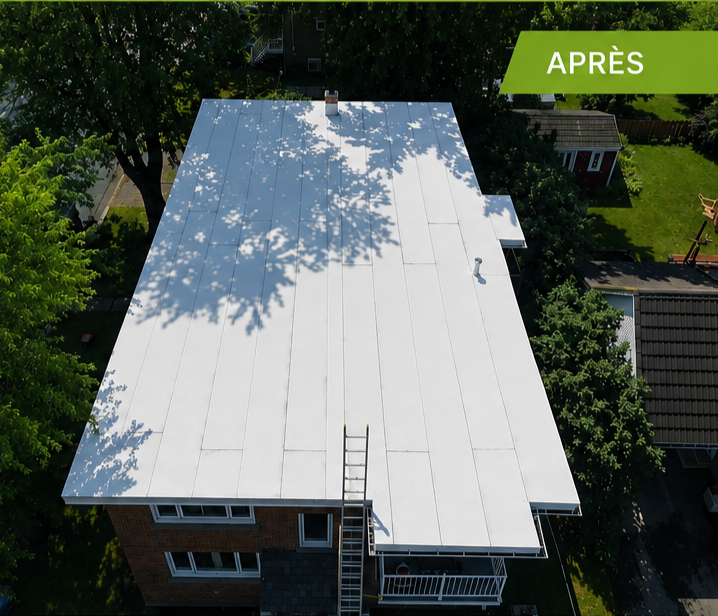 Vue aérienne du toit d'une maison recouvert d'une nouvelle couverture métallique blanche, avec une échelle près du bord.