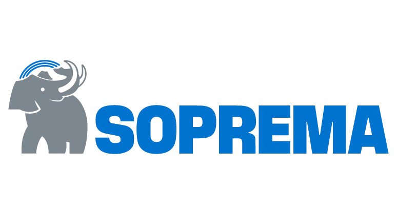 Logo SOPREMA avec un éléphant gris et une vague bleue à côté du nom de l'entreprise en bleu