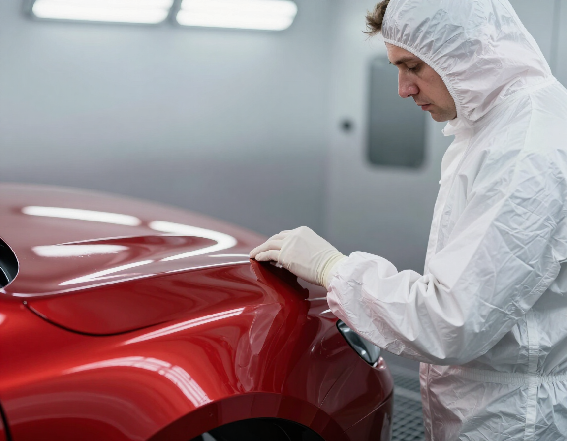 Technician inspecting a coated automotive panel under paint-booth lighting