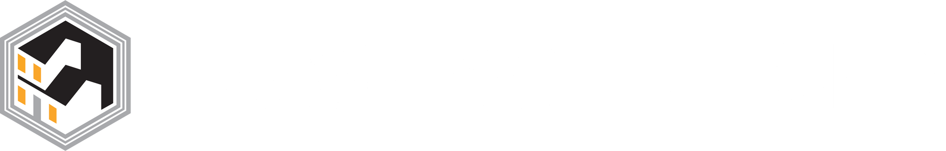 Abstract black-and-gray hexagonal logo with a white center and small gold accent on a white background