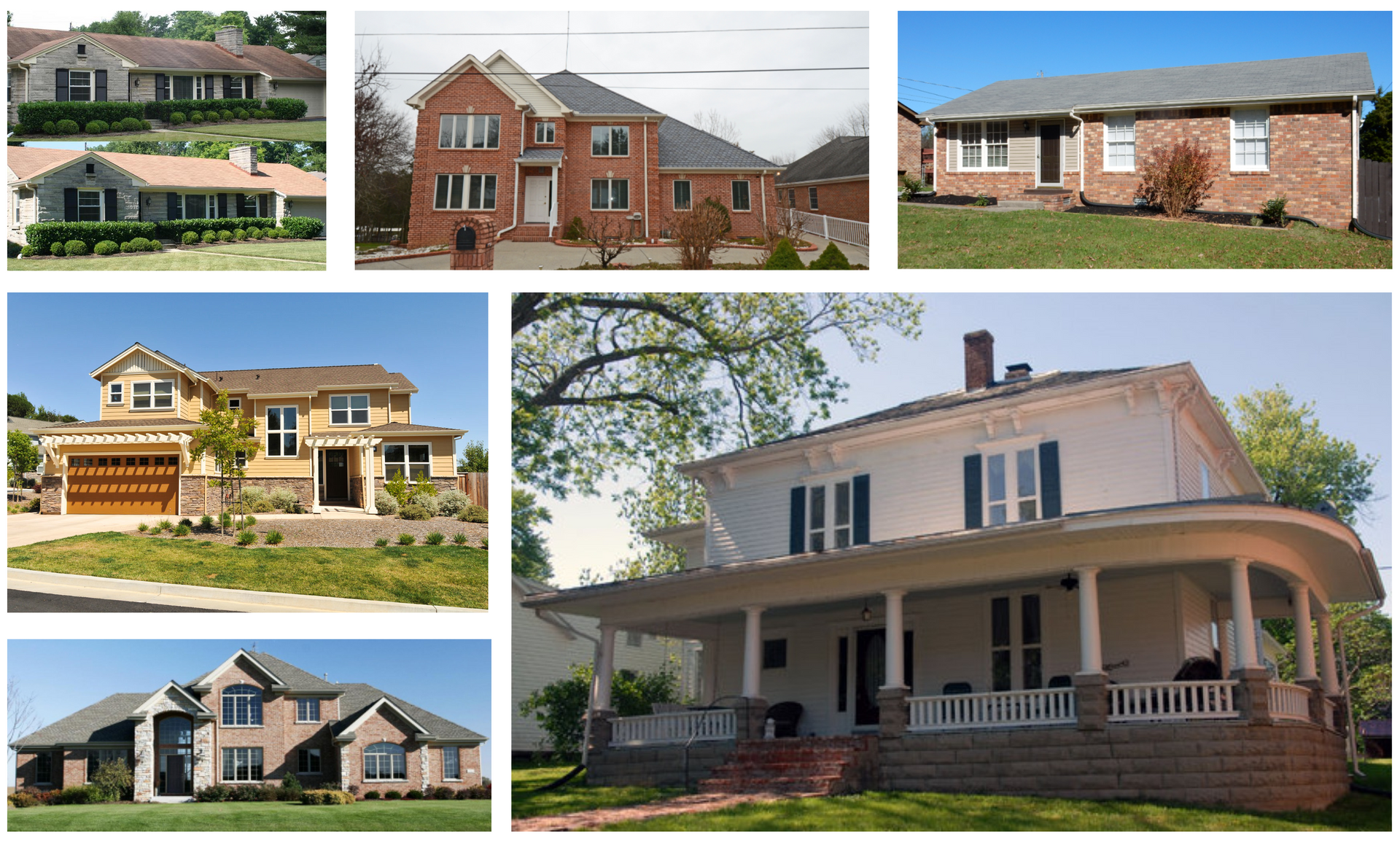 Collage of six residential houses in different styles, including brick, stucco, and porches.