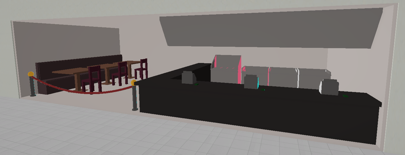 A computer generated image of a room with tables and chairs.