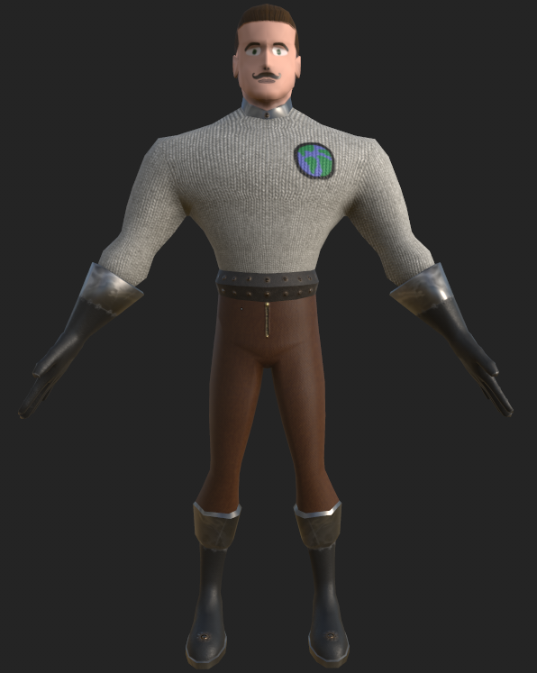 A 3d model of a man in a green shirt and brown pants