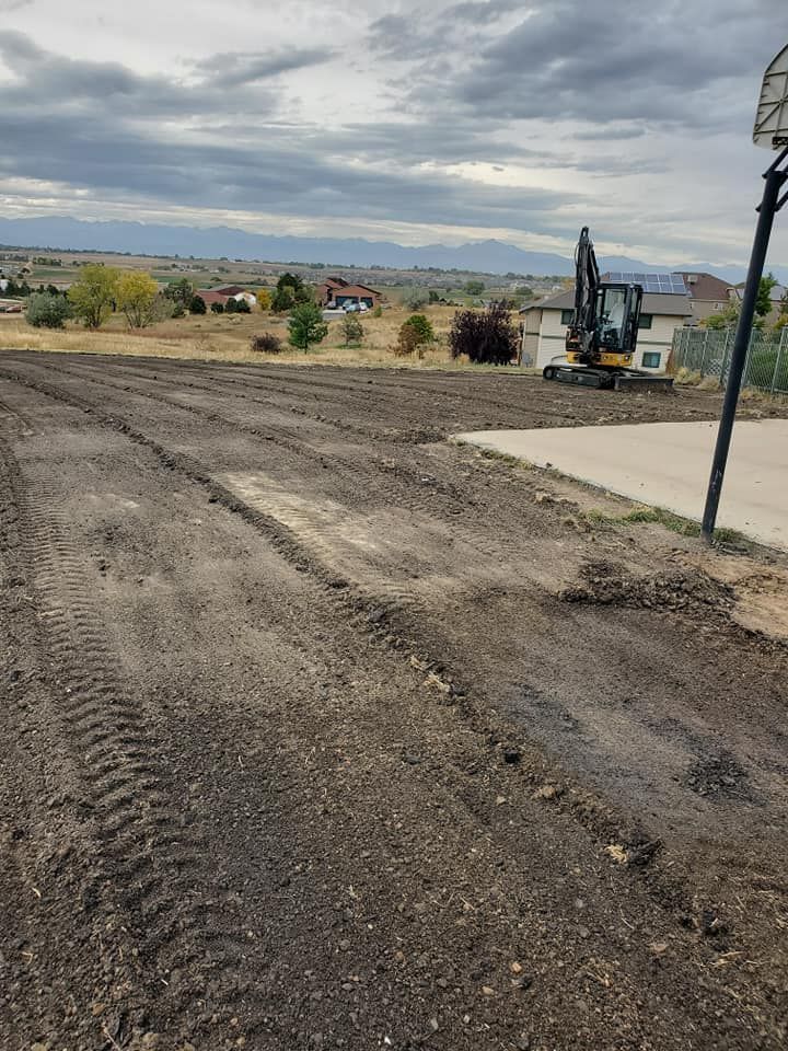 Excavator on freshly tilled soil, next to a concrete basketball court. Houses and in the distance under a cloudy sky.