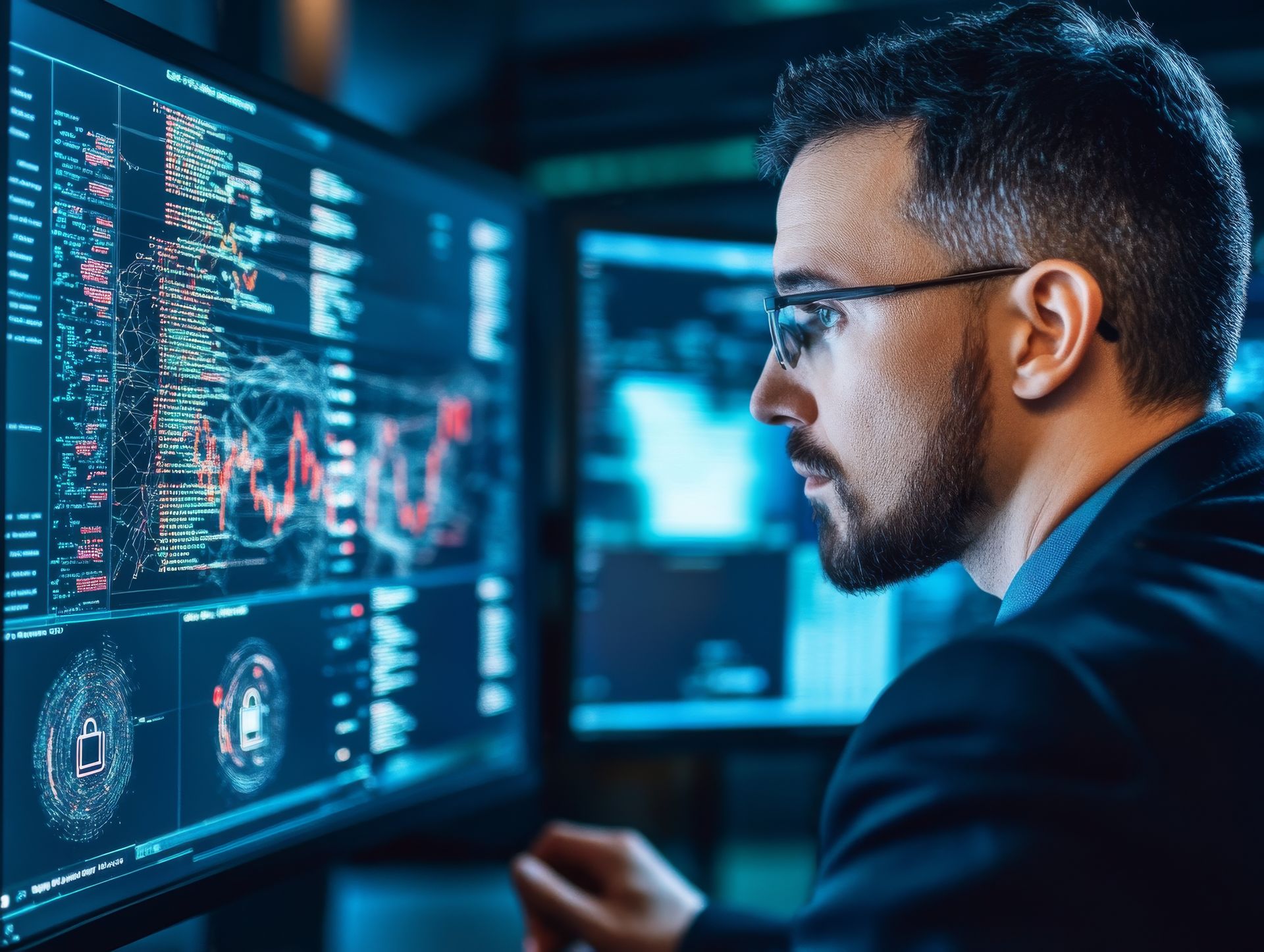 A person in a professional suit looks at computer monitors displaying complex data, code, and financial graphs.