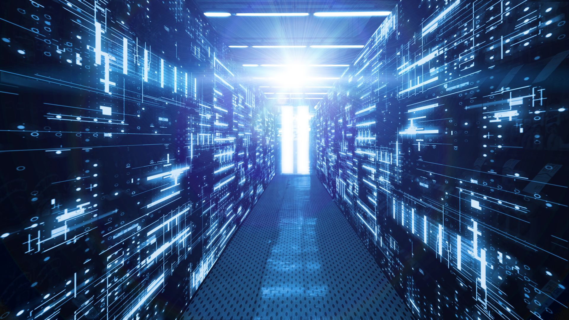 A symmetrical view down a corridor of server racks glowing with bright blue, abstract digital data patterns.